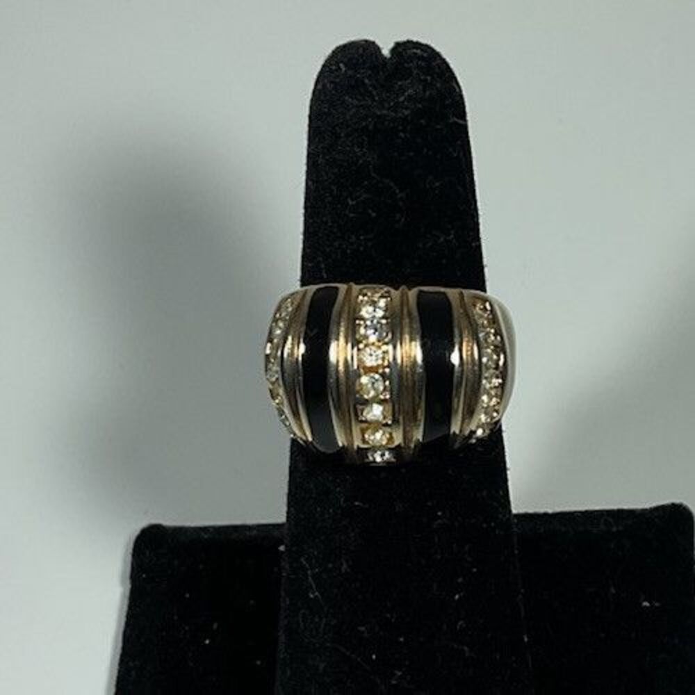 Gold Tone Black Enamel & Crystal Rhinestone Ring Size 5 Boho Vintage Beauty